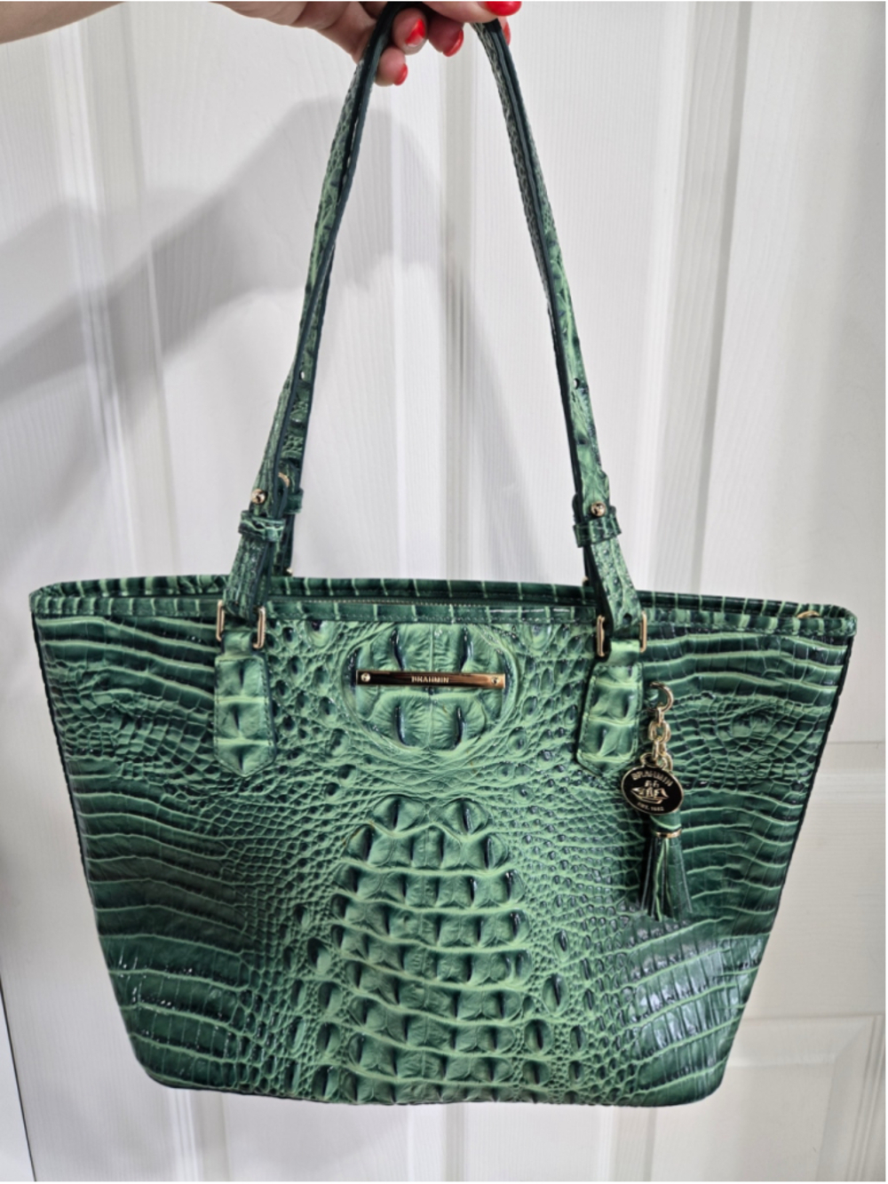 Women's Brahmin Green Croc Embossed Leather Tote Bag One Size - Picture 7 of 9